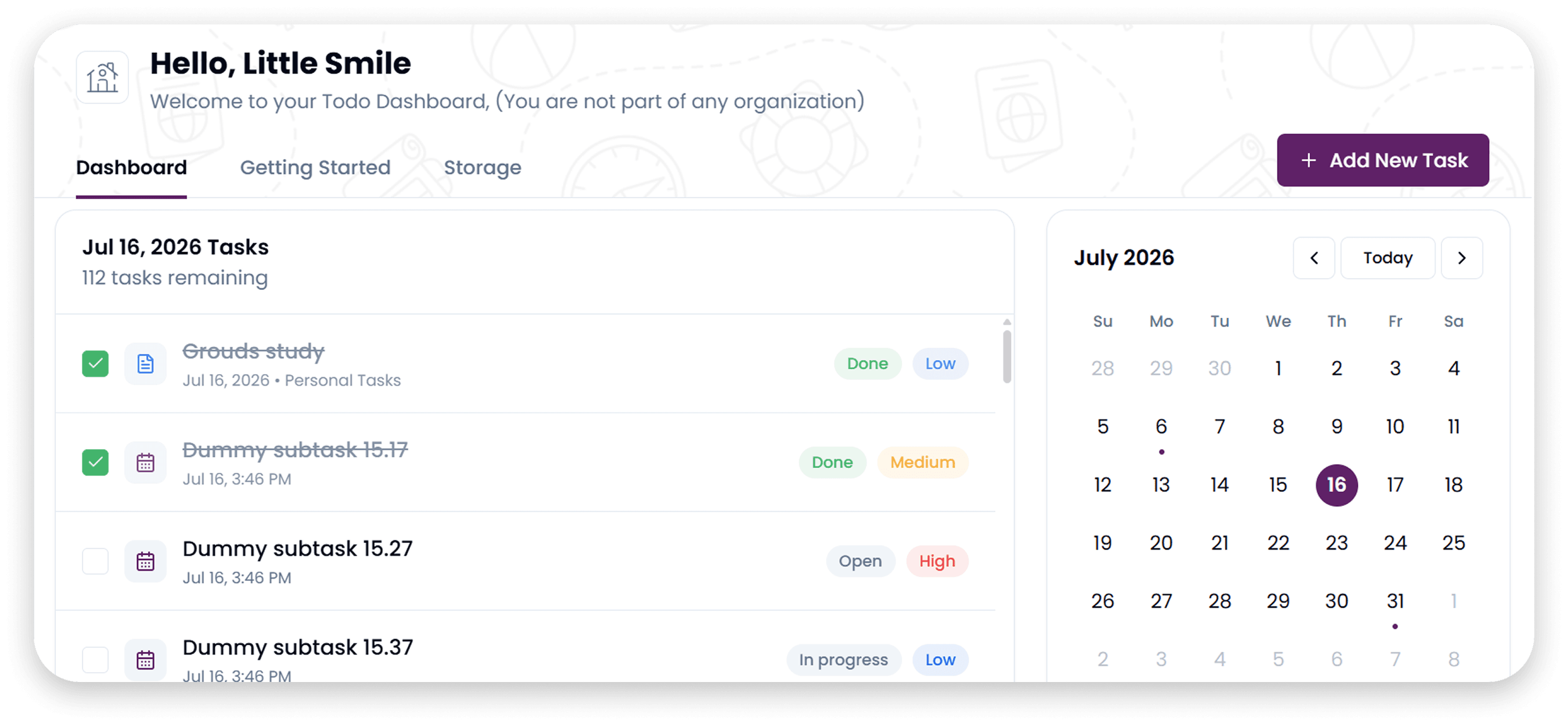 SBG Todo dashboard with tasks and calendar