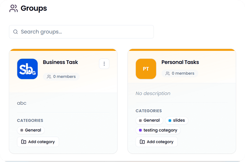 Groups settings with Business Task and Personal Tasks cards