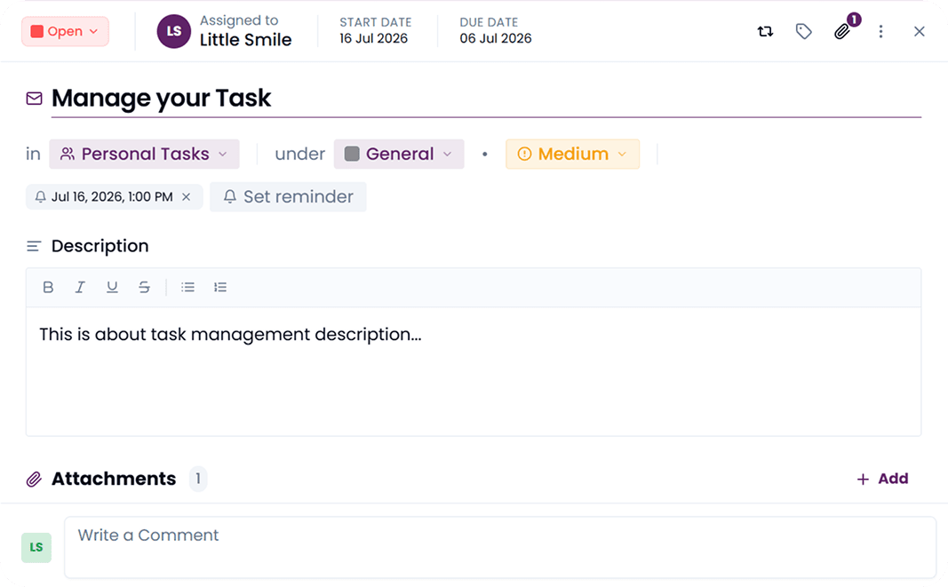 Task details with status, dates, description, and comments